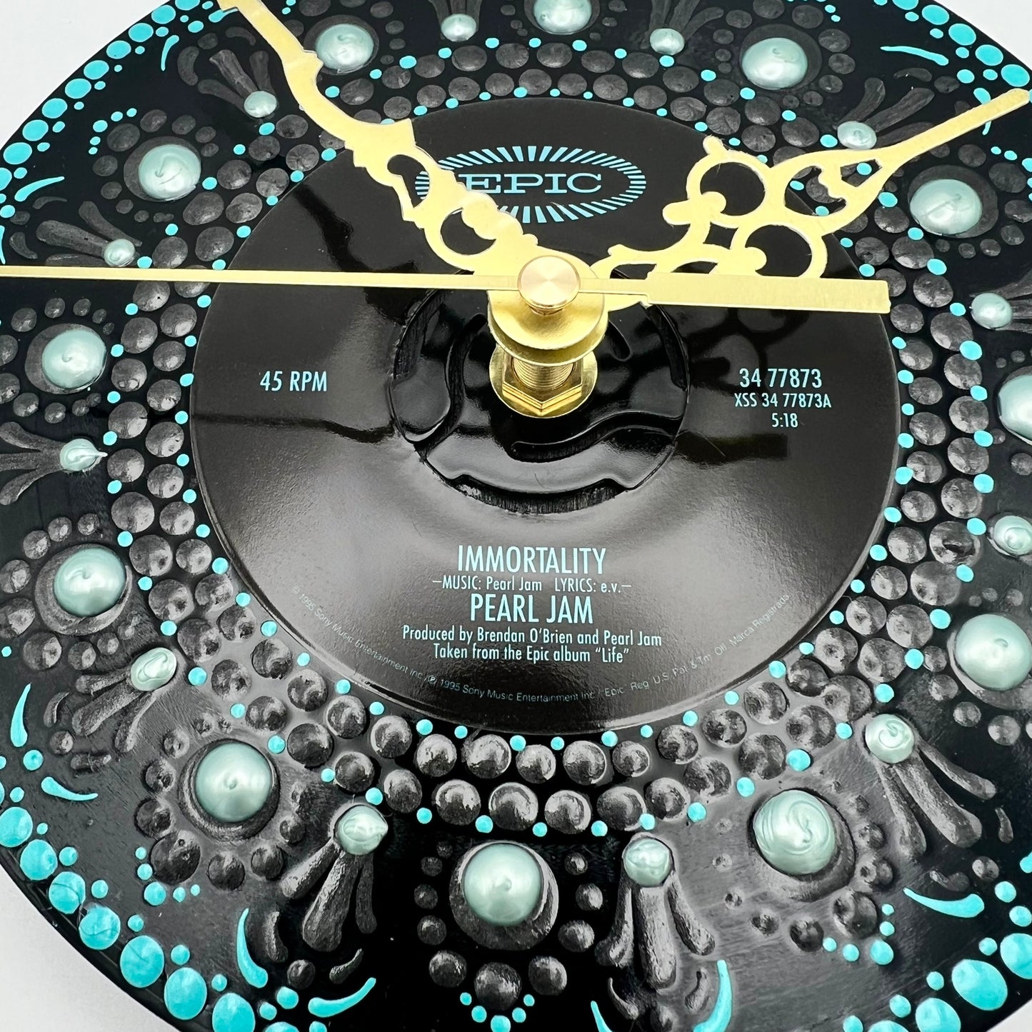 Pearl Jam "Immortality" Vintage 45 Record Clock, Turquoise