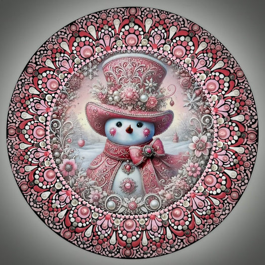 Perfectly Pink Snowman Mandala on Vinyl Record, Holiday Art