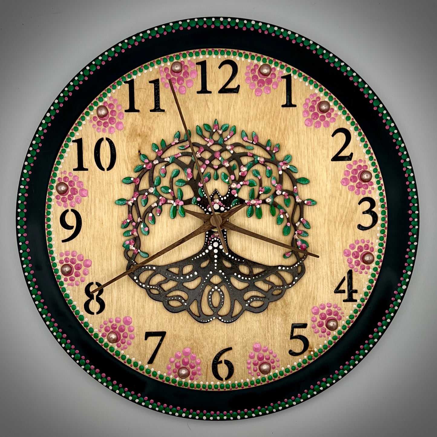Album Record Vinyl Clocks; Pink Tree of Life with Stained Wood Number Inlay