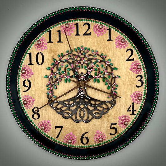 Album Record Vinyl Clocks; Pink Tree of Life with Stained Wood Number Inlay