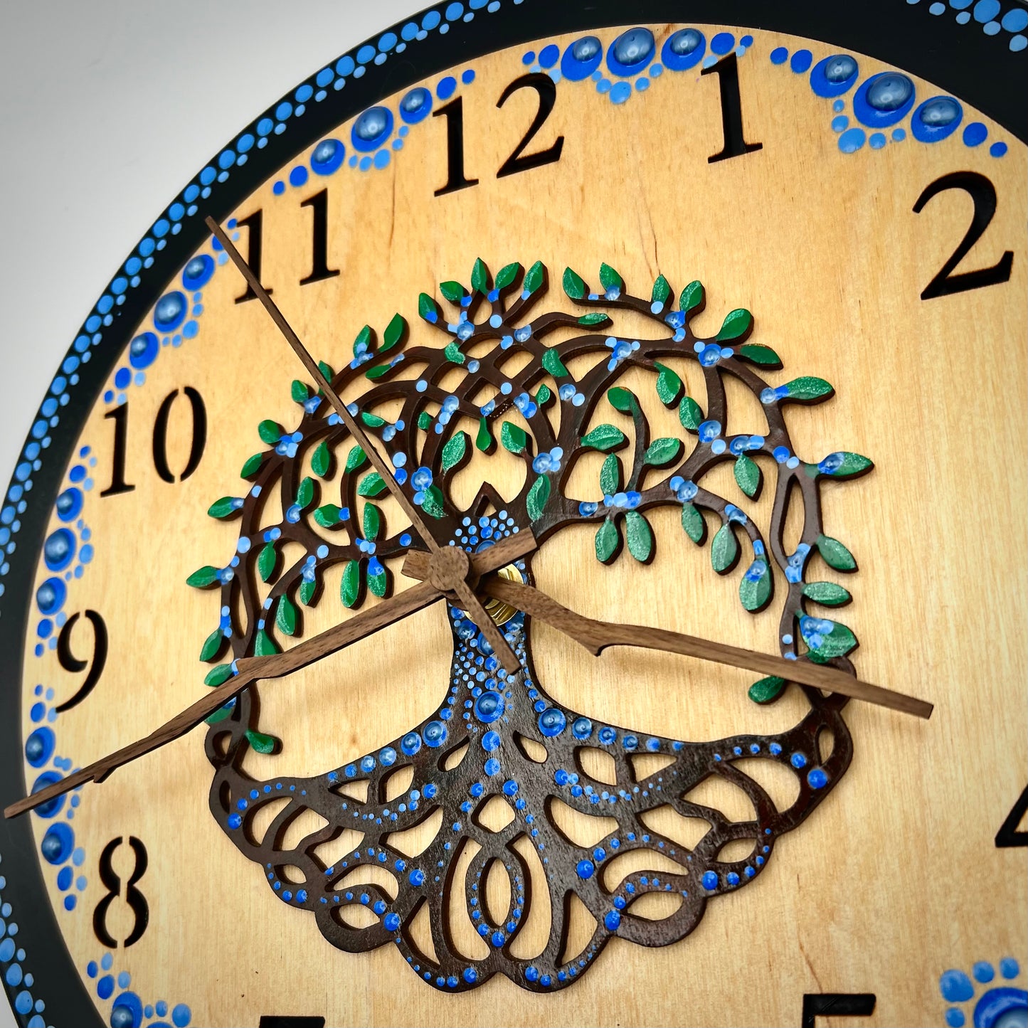 Album Record Vinyl Clocks; Blue Tree of Life with Stained Wood Number Inlay