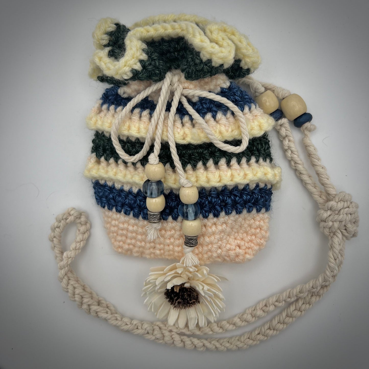 Green and Blue Popcorn Stitch Crocheted Purse