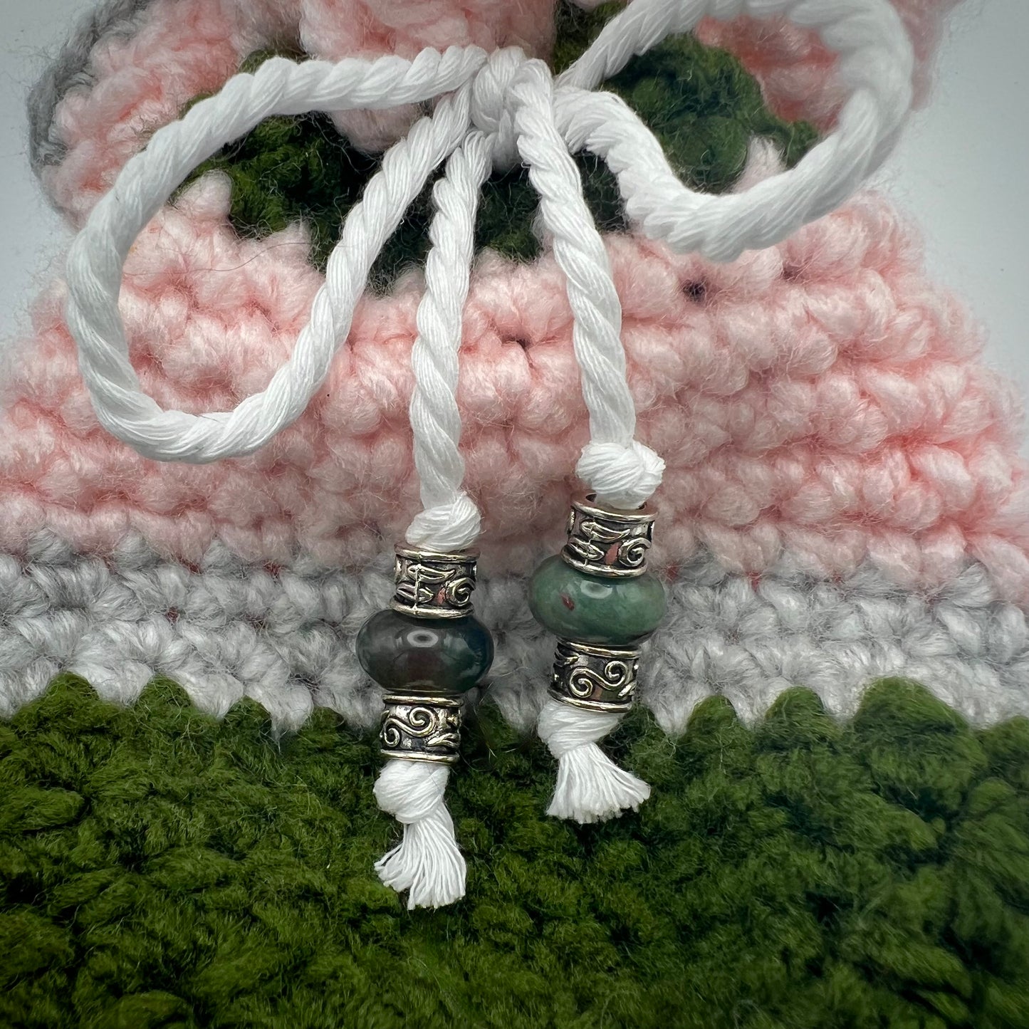 Deep Green and PInk Boho Crocheted Crossbody Small Purse with Jade Beads