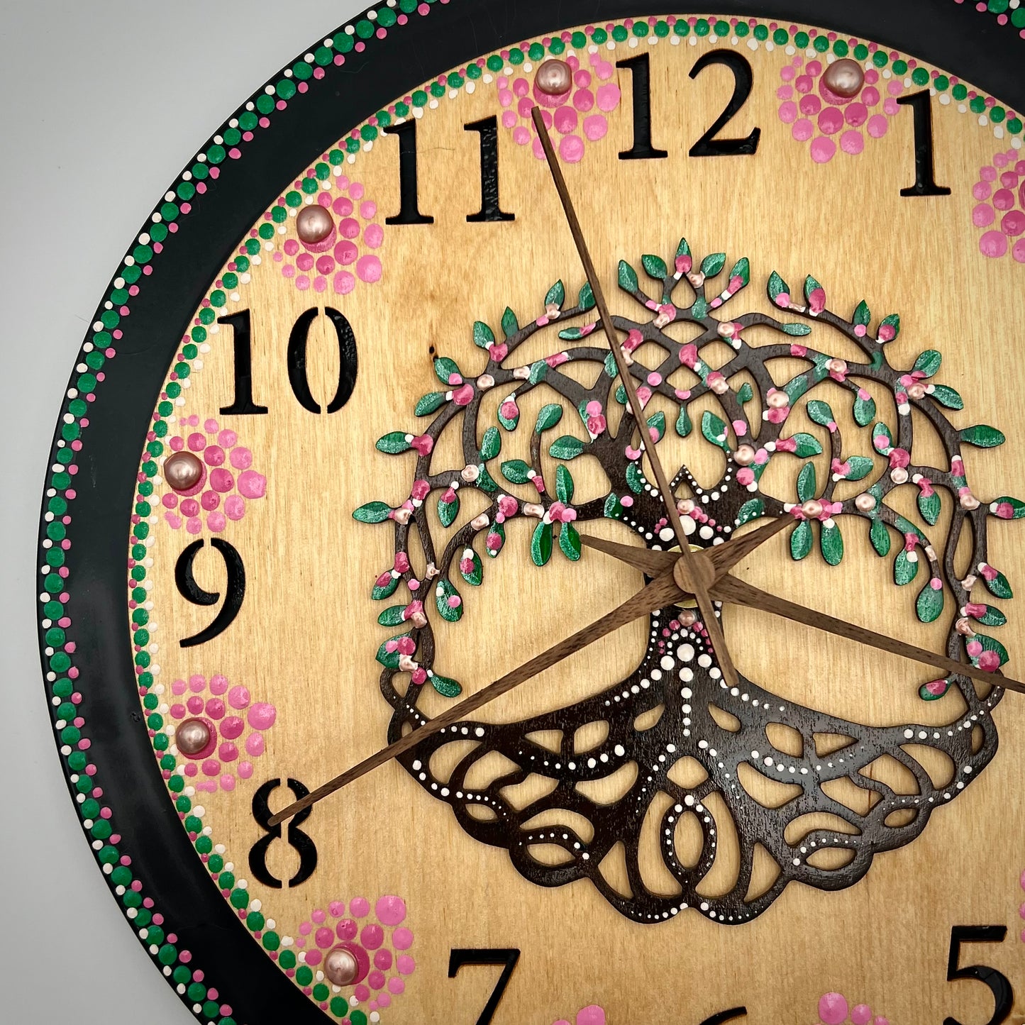Album Record Vinyl Clocks; Pink Tree of Life with Stained Wood Number Inlay