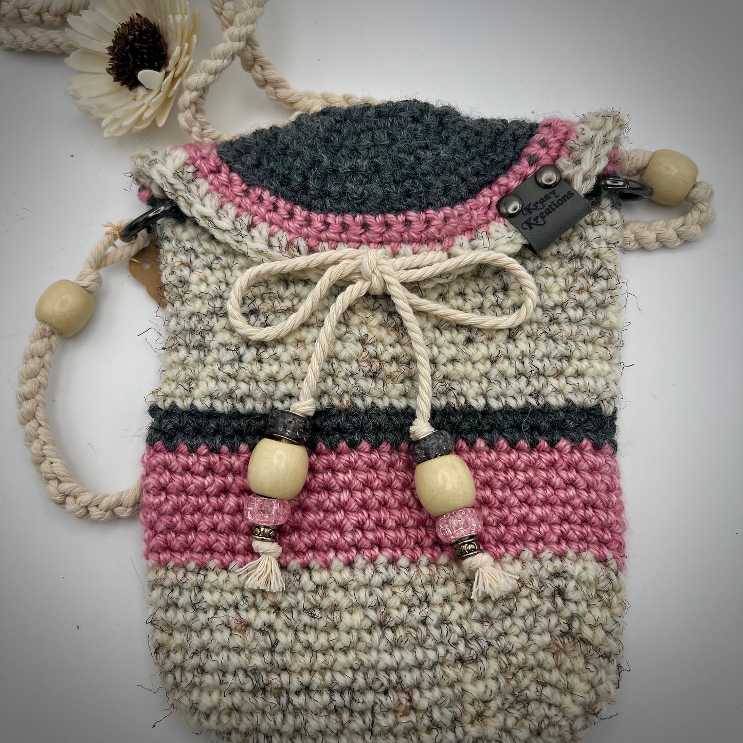 Pink and Gray Boho Crocheted Crossbody Purse