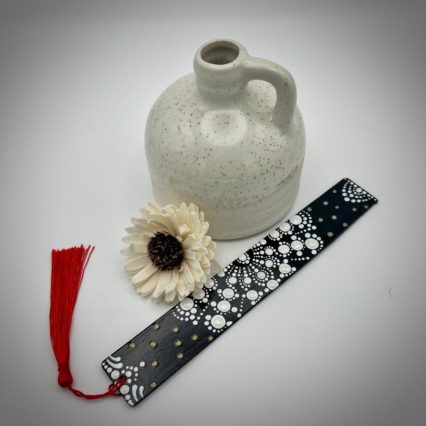 White Dot Art on Black Mandala Bamboo Bookmark