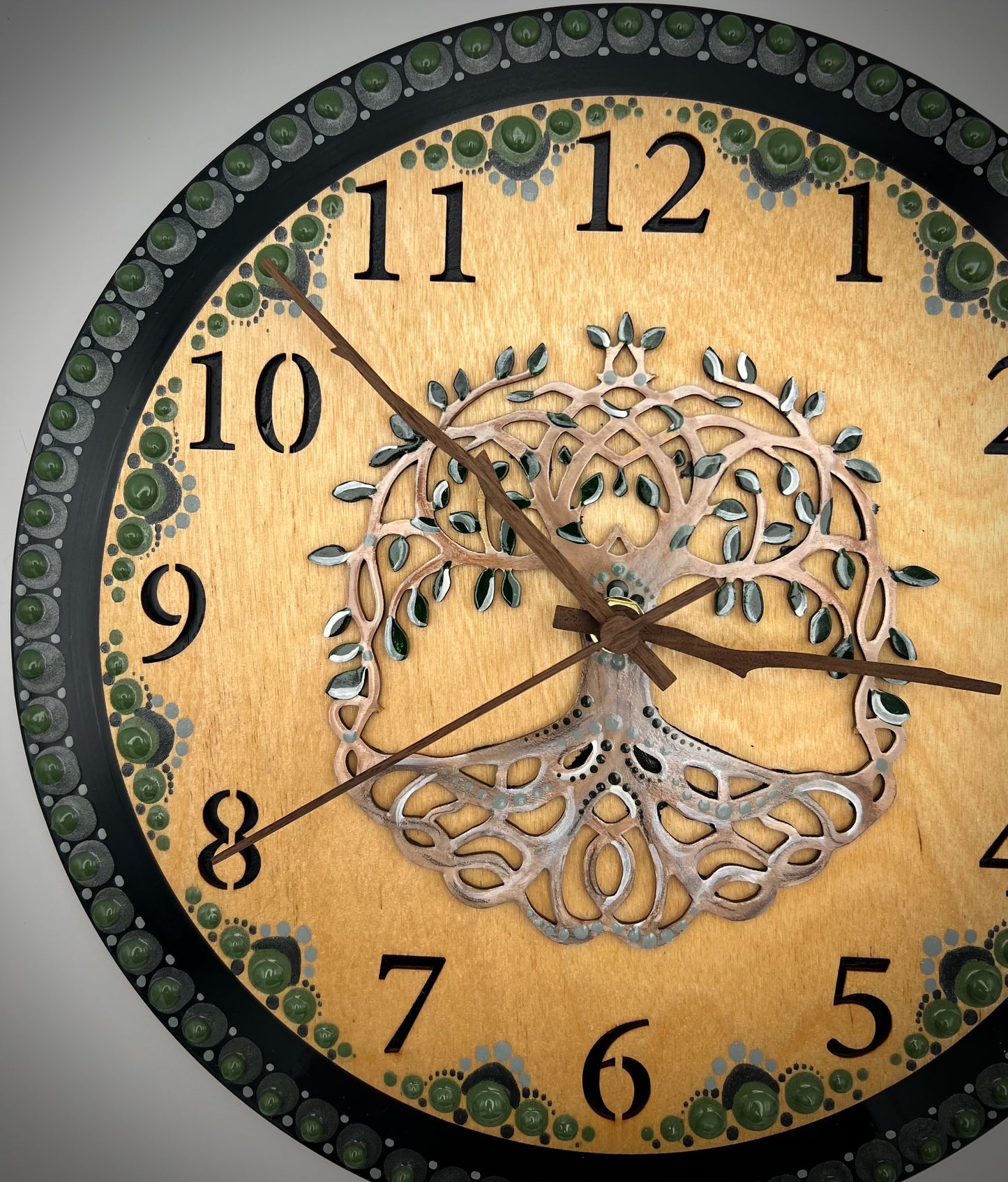 Album Record Vinyl Clocks; Green Tree of Life with Stained Wood Number Inlay