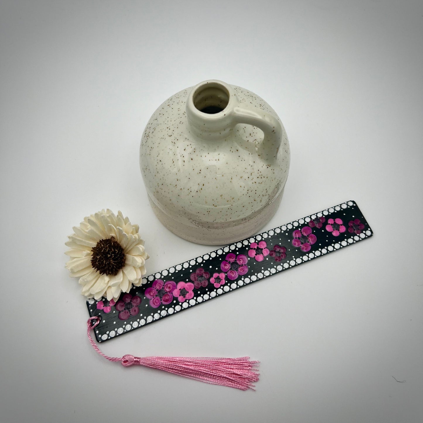 Pink on Black Mandala Bamboo Bookmark #3 Japanese Cherry Blossoms