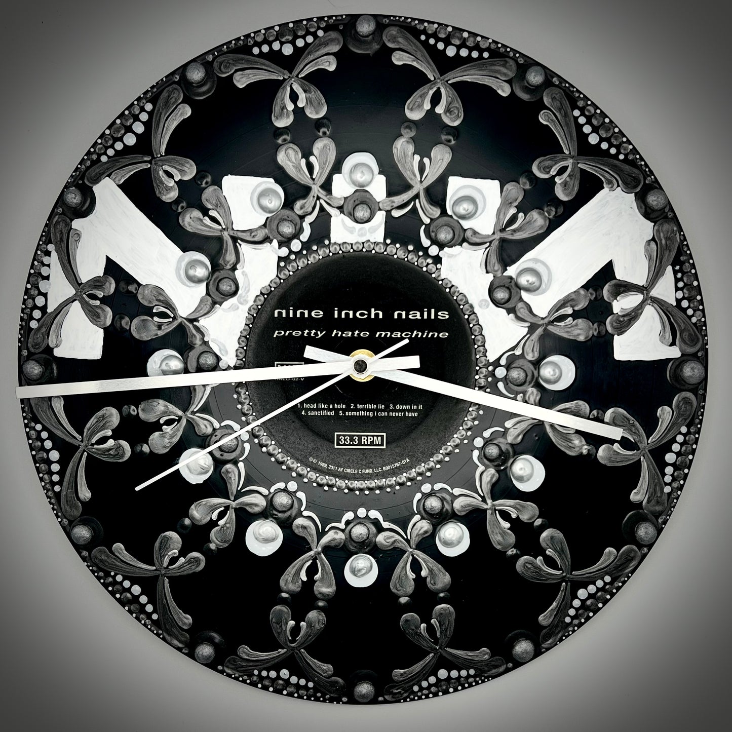 Nine Inch Nails "Pretty Hate Machine"; Silver Manadala Wall Clock; Vintage Vinyl Record