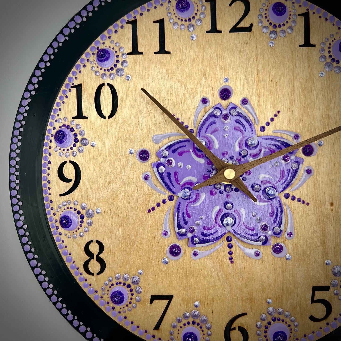 Album Record Vinyl Clocks; Purple Flower with Wood Number Inlay