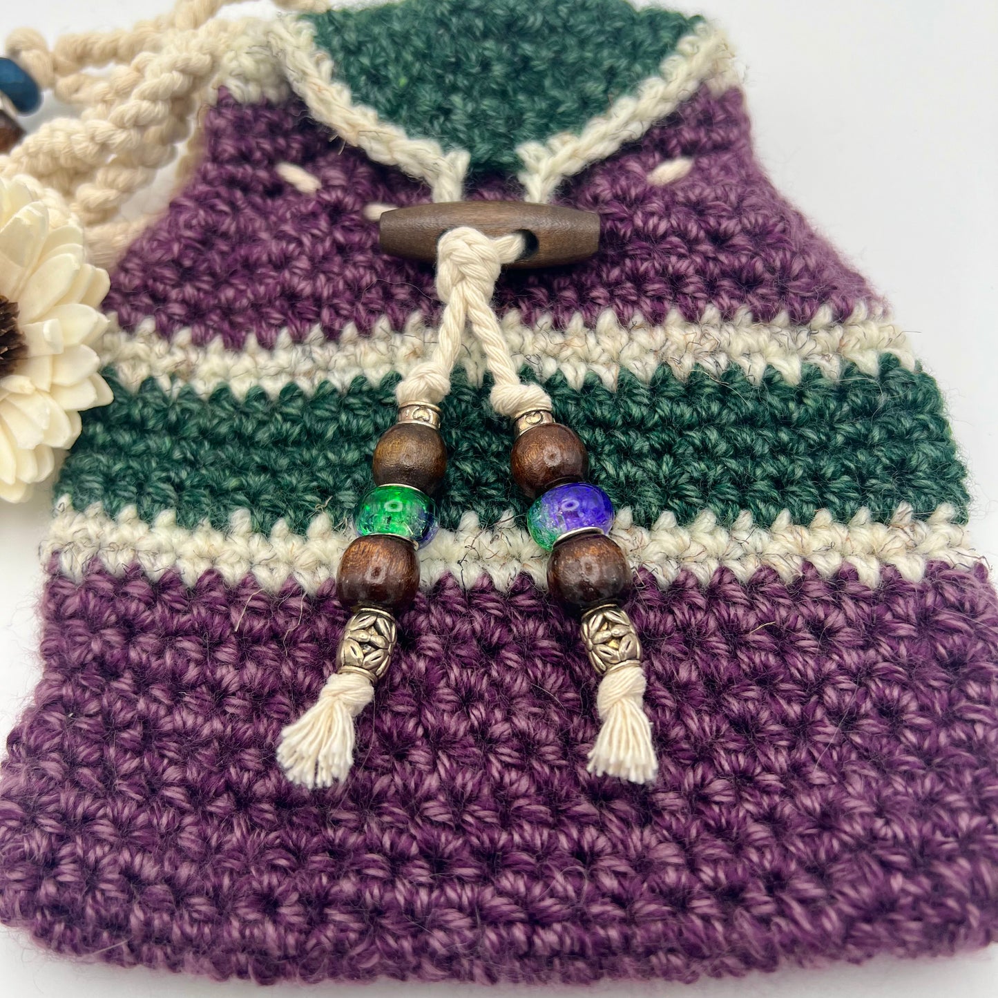 Purple and Deep Green Boho Crocheted Crossbody Purse