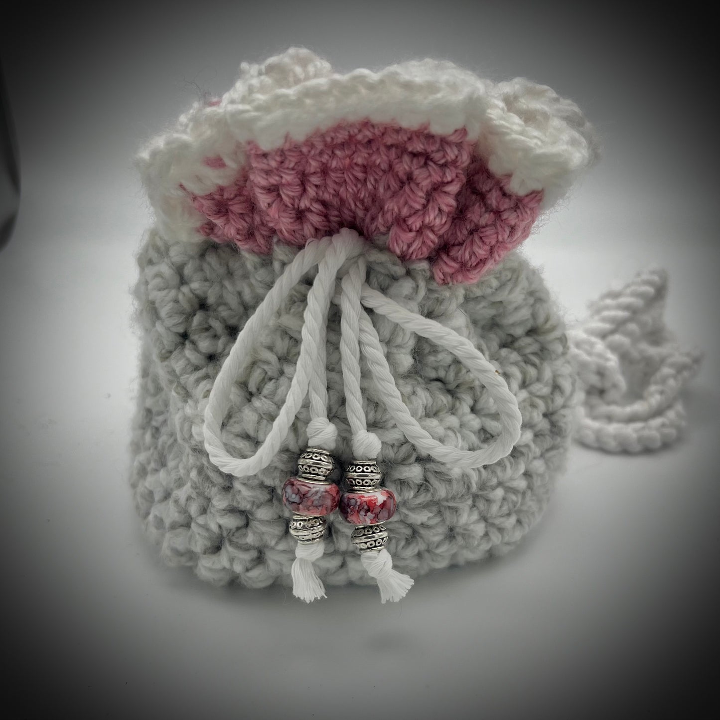 Pink and Gray Boho Small Crocheted Crossbody Satchel