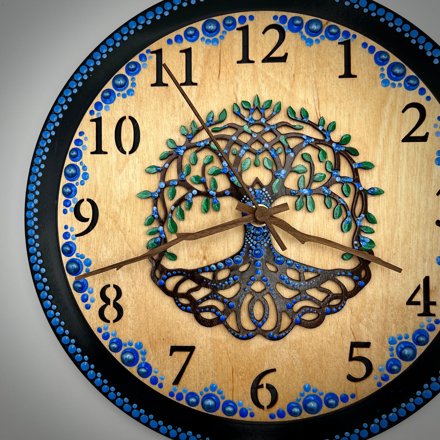 Album Record Vinyl Clocks; Blue Tree of Life with Stained Wood Number Inlay