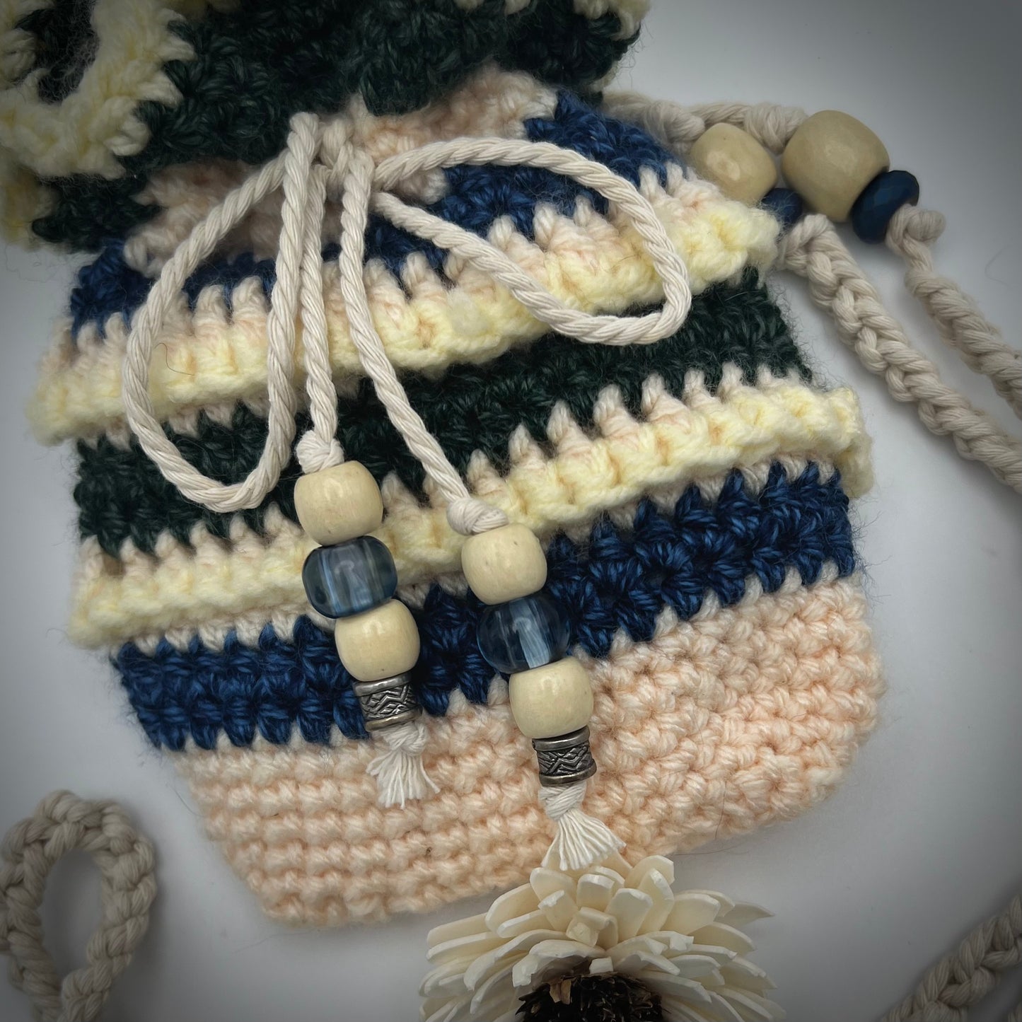 Green and Blue Popcorn Stitch Crocheted Purse