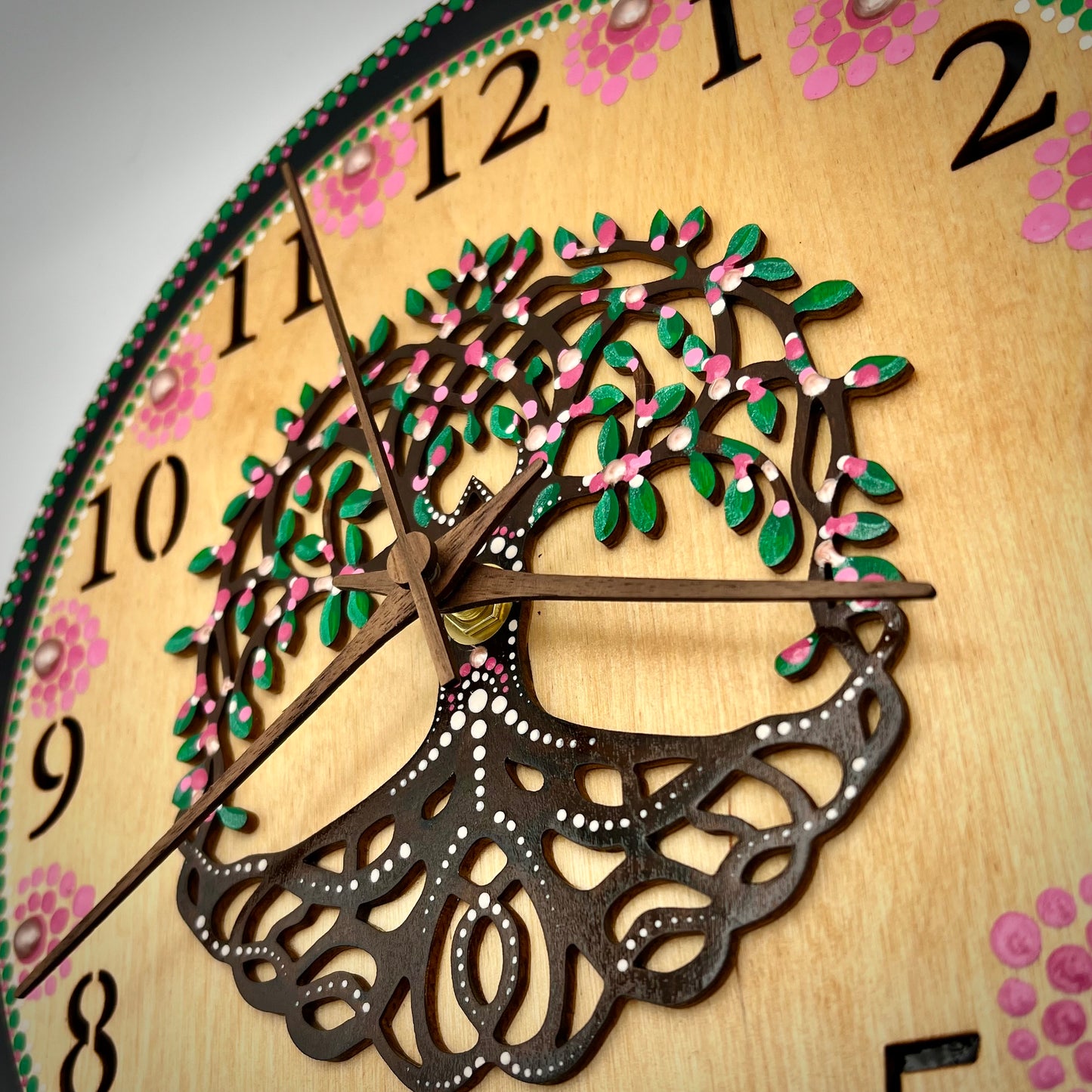 Album Record Vinyl Clocks; Pink Tree of Life with Stained Wood Number Inlay