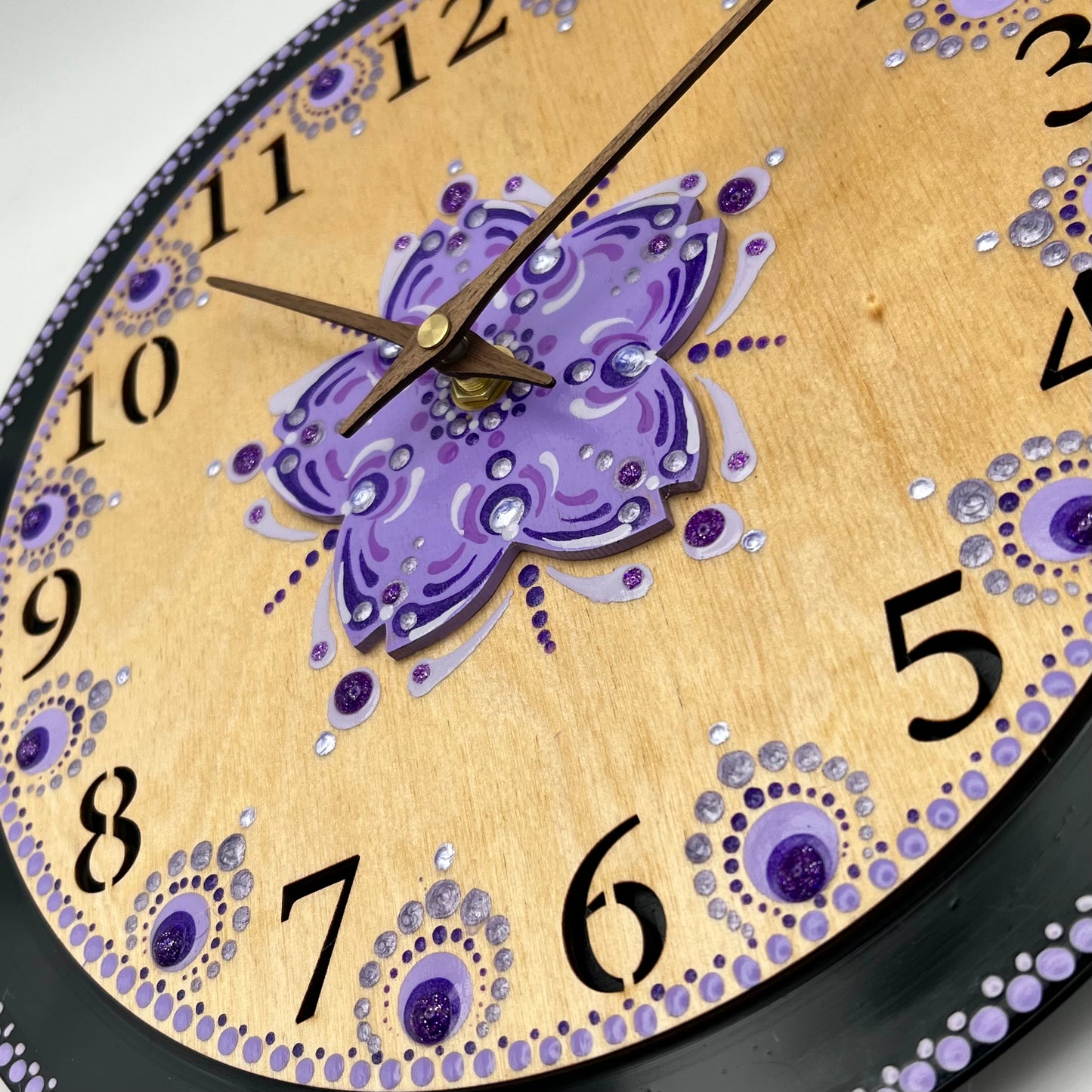Album Record Vinyl Clocks; Purple Flower with Wood Number Inlay