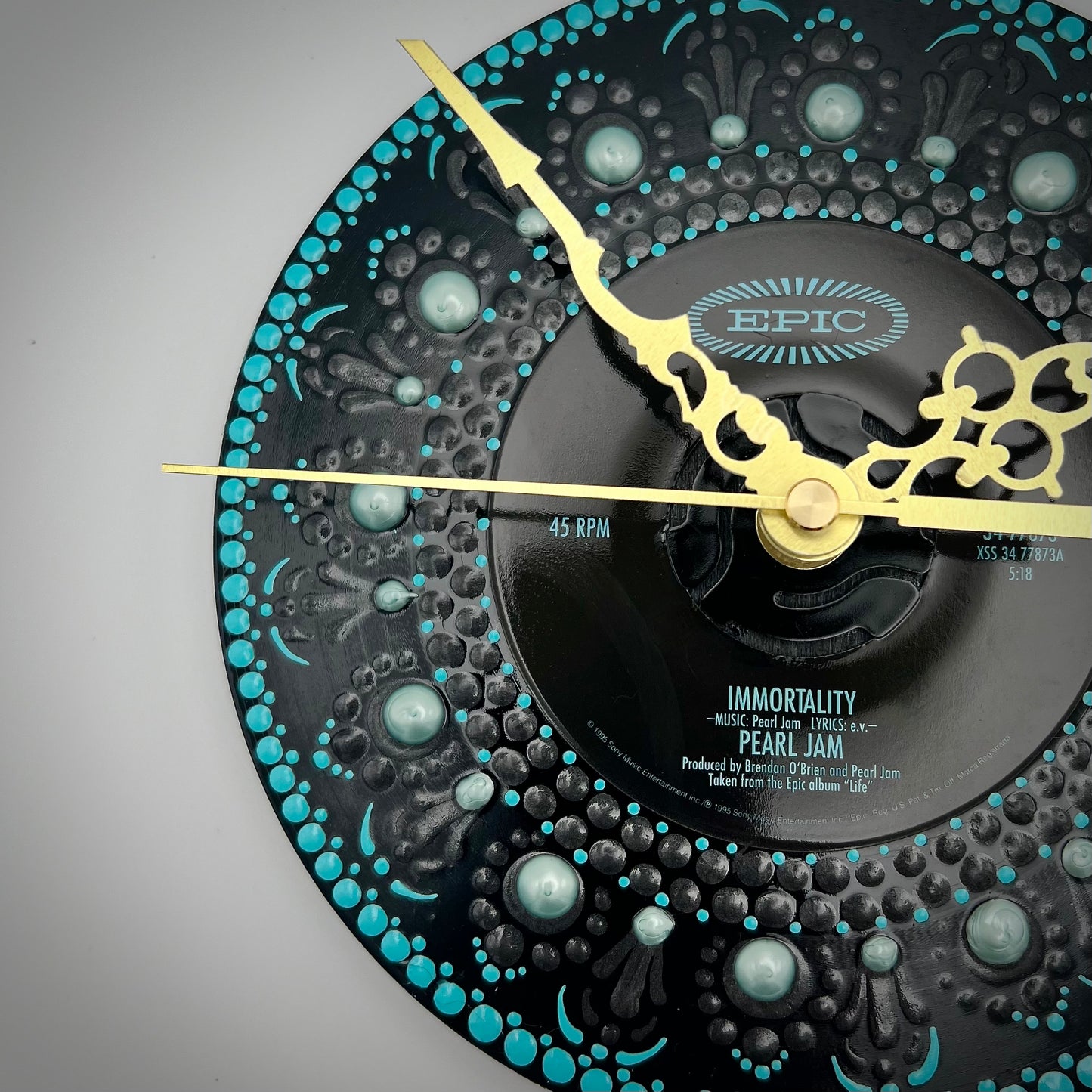 Pearl Jam "Immortality" Vintage 45 Record Clock, Turquoise