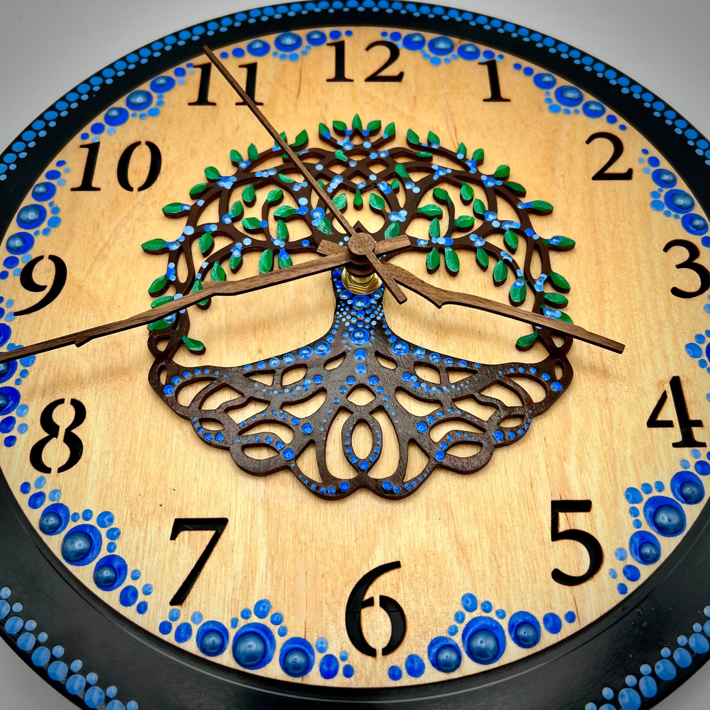 Album Record Vinyl Clocks; Blue Tree of Life with Stained Wood Number Inlay