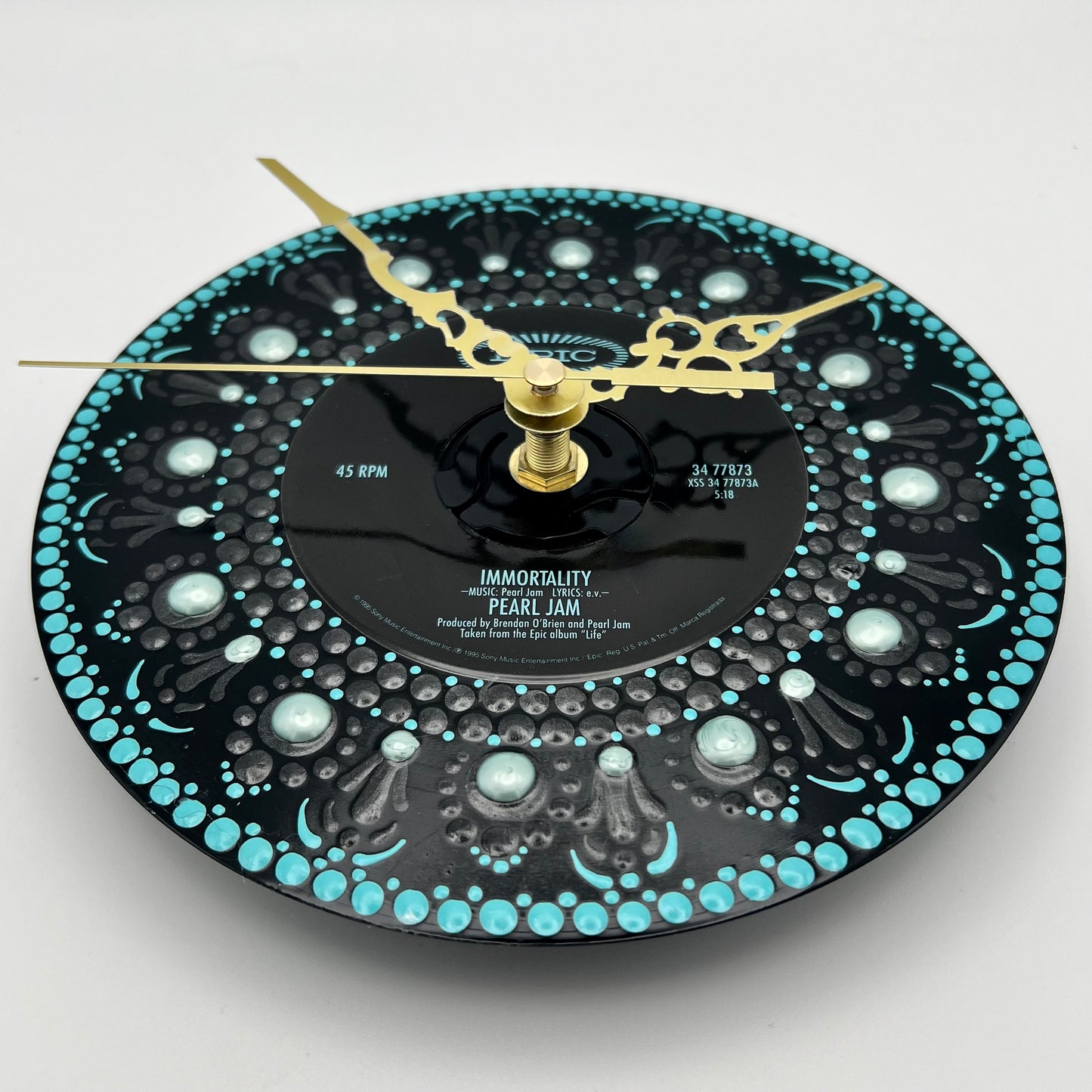 Pearl Jam "Immortality" Vintage 45 Record Clock, Turquoise