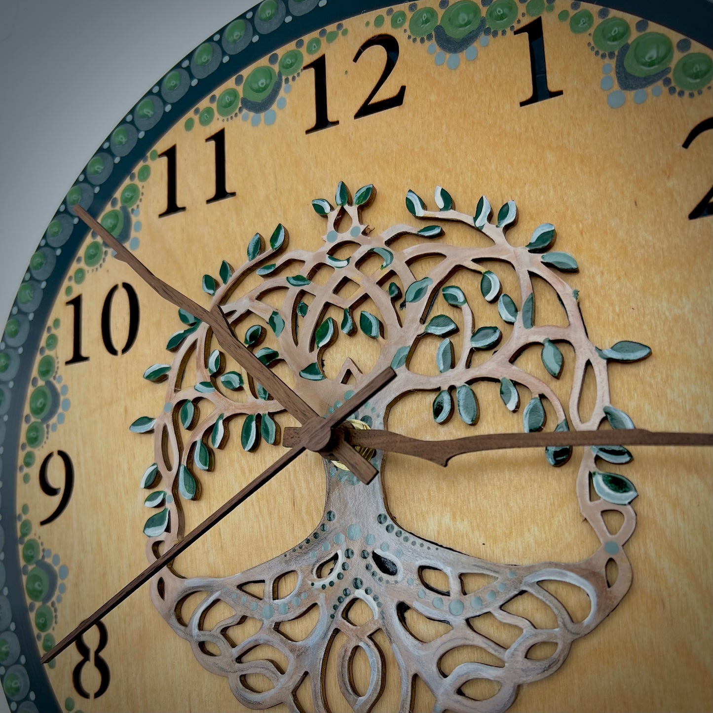Album Record Vinyl Clocks; Green Tree of Life with Stained Wood Number Inlay