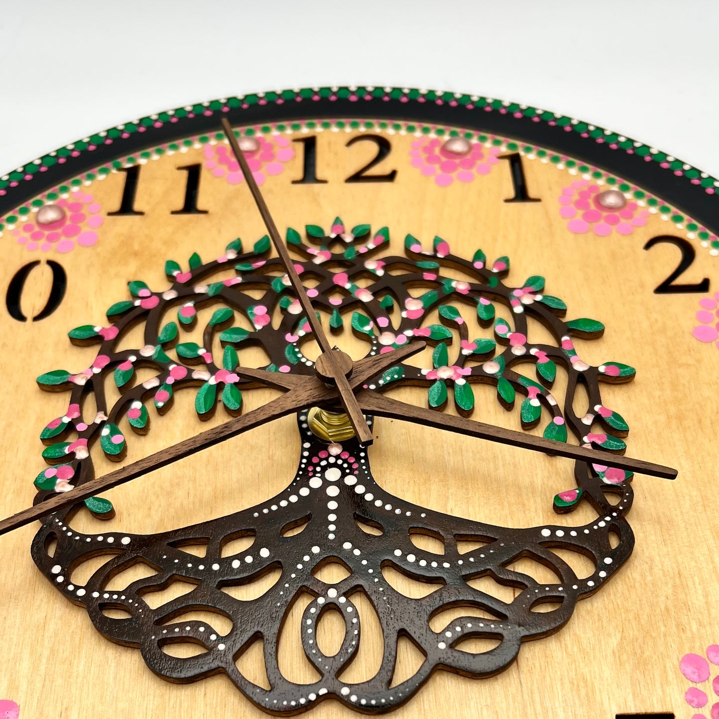 Album Record Vinyl Clocks; Pink Tree of Life with Stained Wood Number Inlay