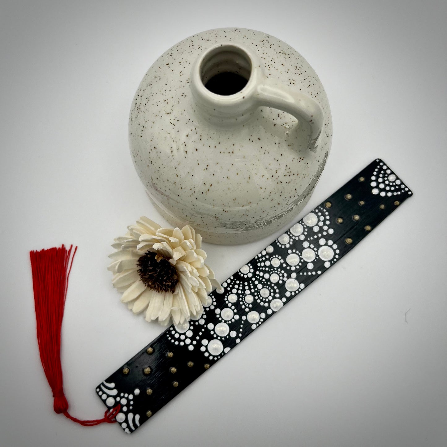 White Dot Art on Black Mandala Bamboo Bookmark
