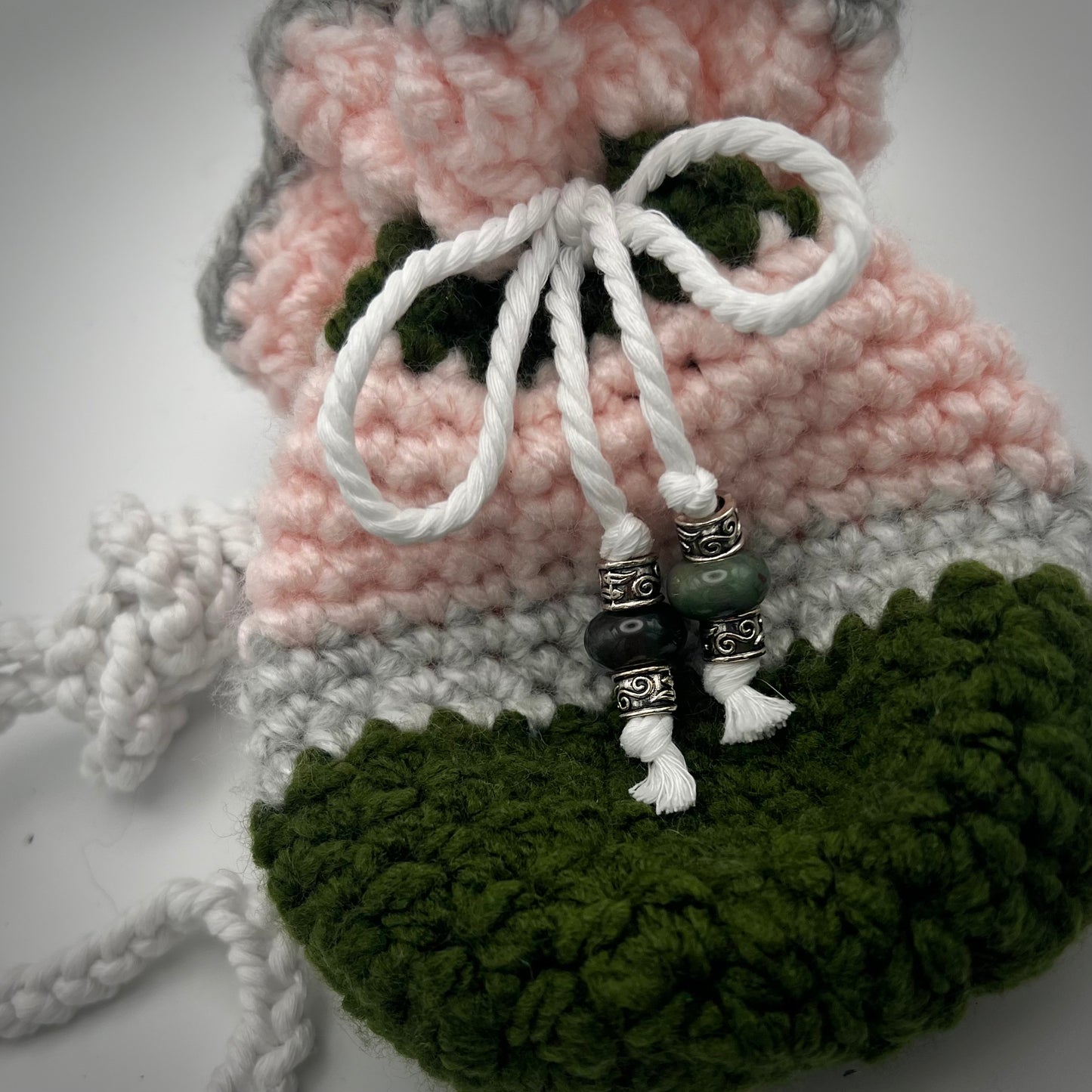 Deep Green and PInk Boho Crocheted Crossbody Small Purse with Jade Beads