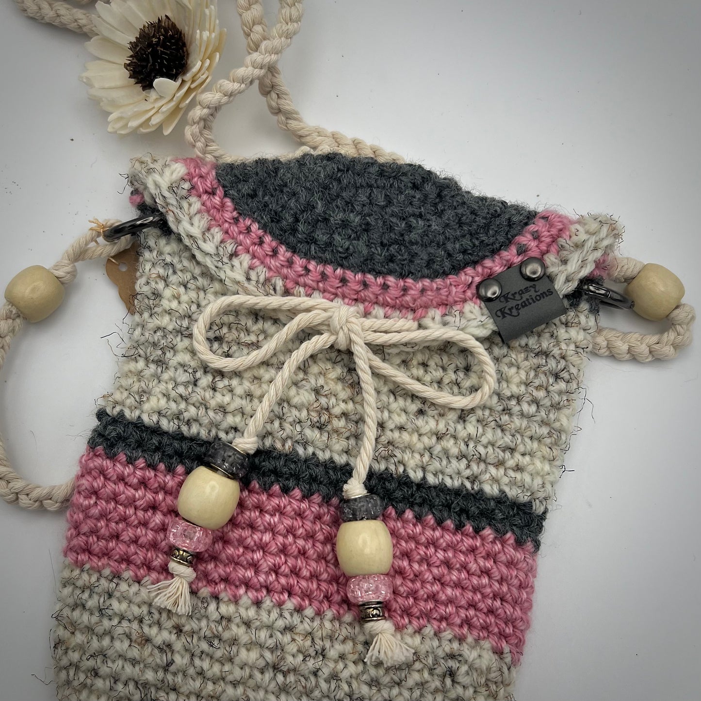 Pink and Gray Boho Crocheted Crossbody Purse