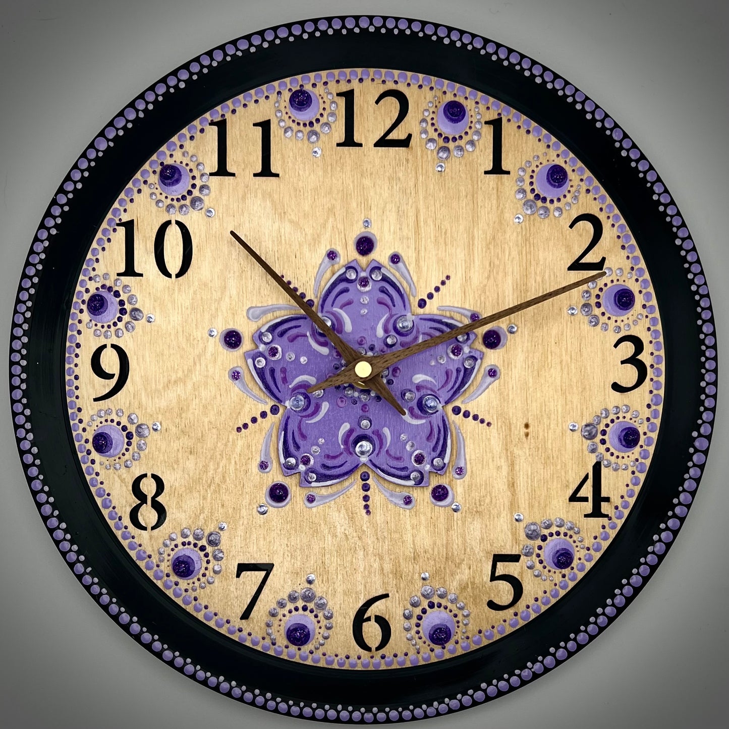 Album Record Vinyl Clocks; Purple Flower with Wood Number Inlay