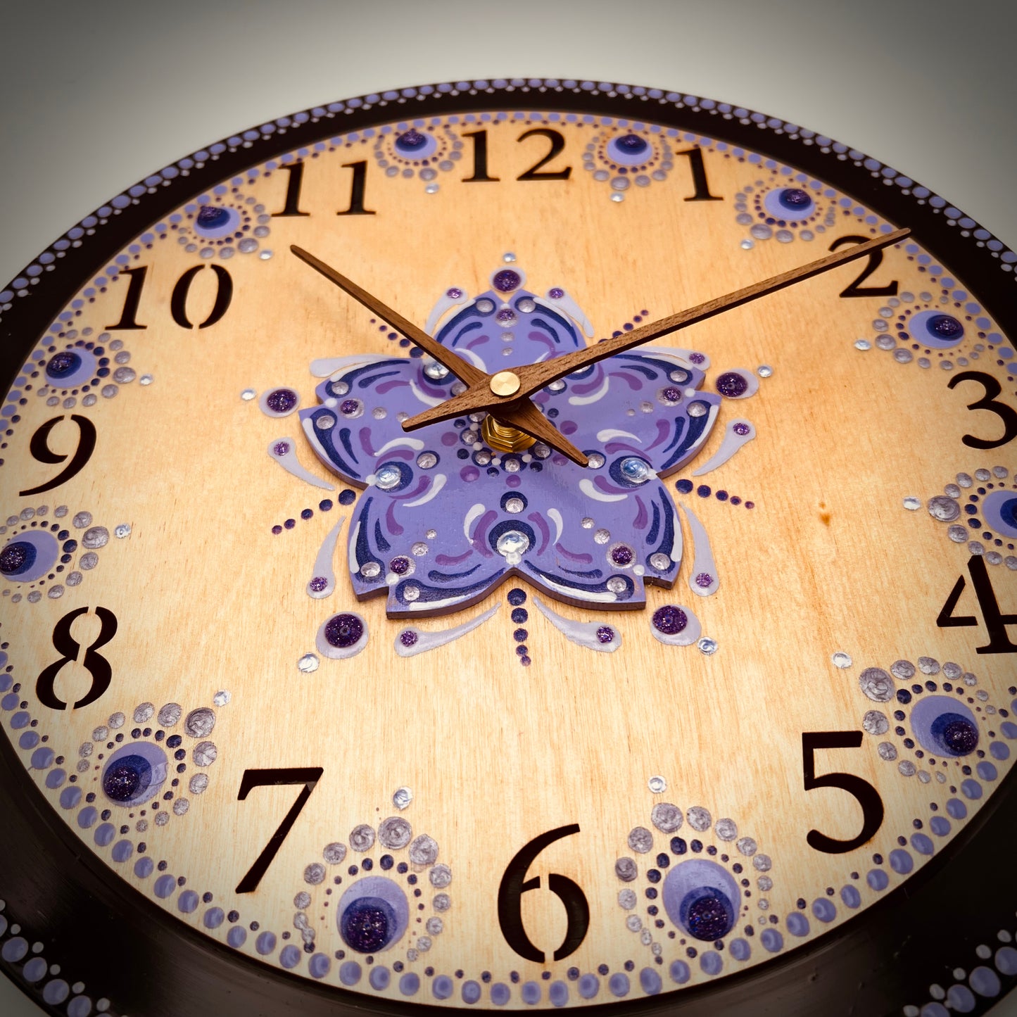 Album Record Vinyl Clocks; Purple Flower with Wood Number Inlay