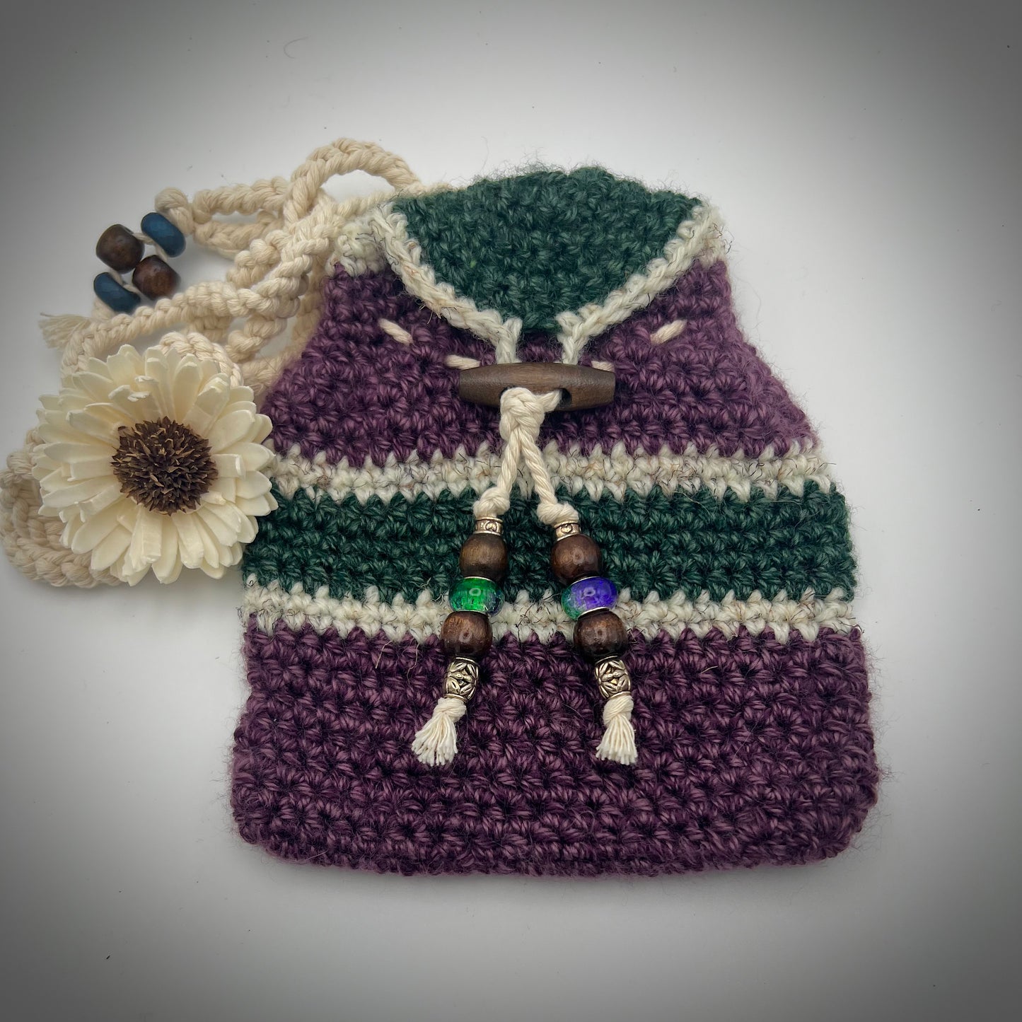 Purple and Deep Green Boho Crocheted Crossbody Purse