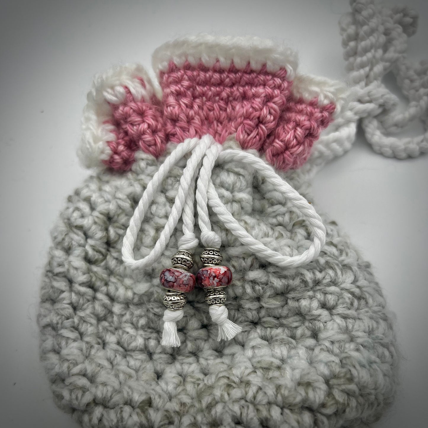 Pink and Gray Boho Small Crocheted Crossbody Satchel