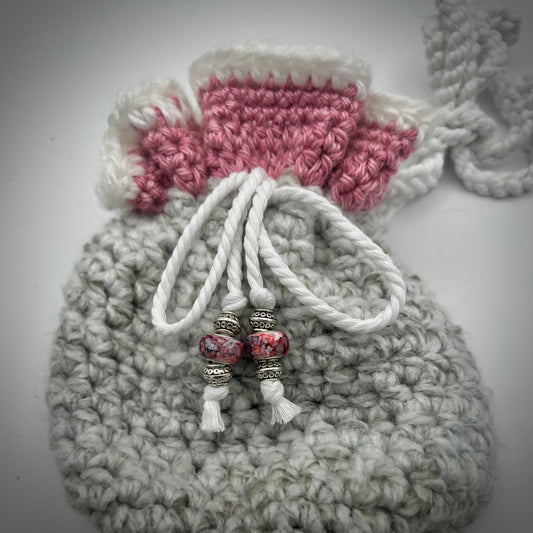 Pink and Gray Boho Small Crocheted Crossbody Satchel