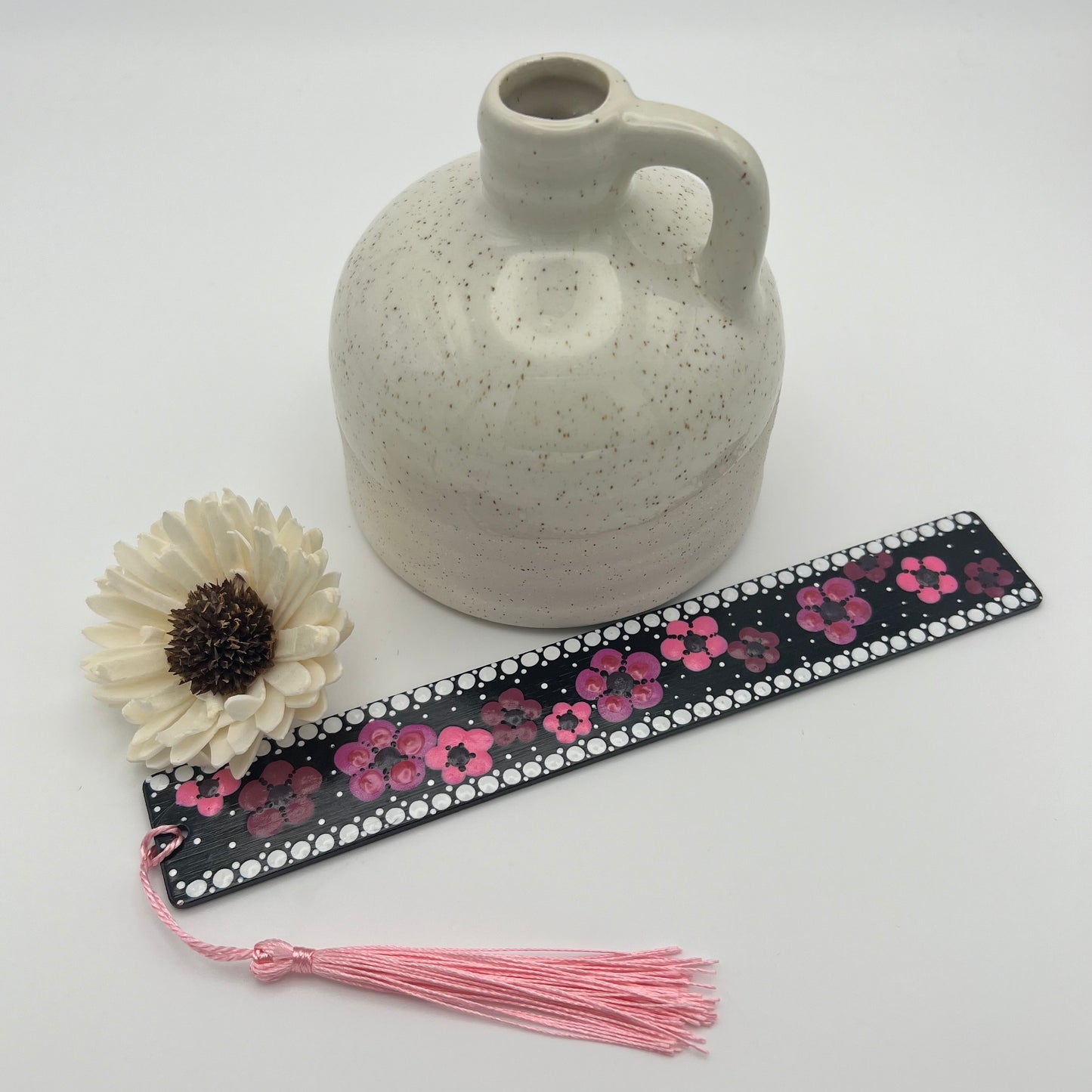Pink on Black Mandala Bamboo Bookmark #3 Japanese Cherry Blossoms