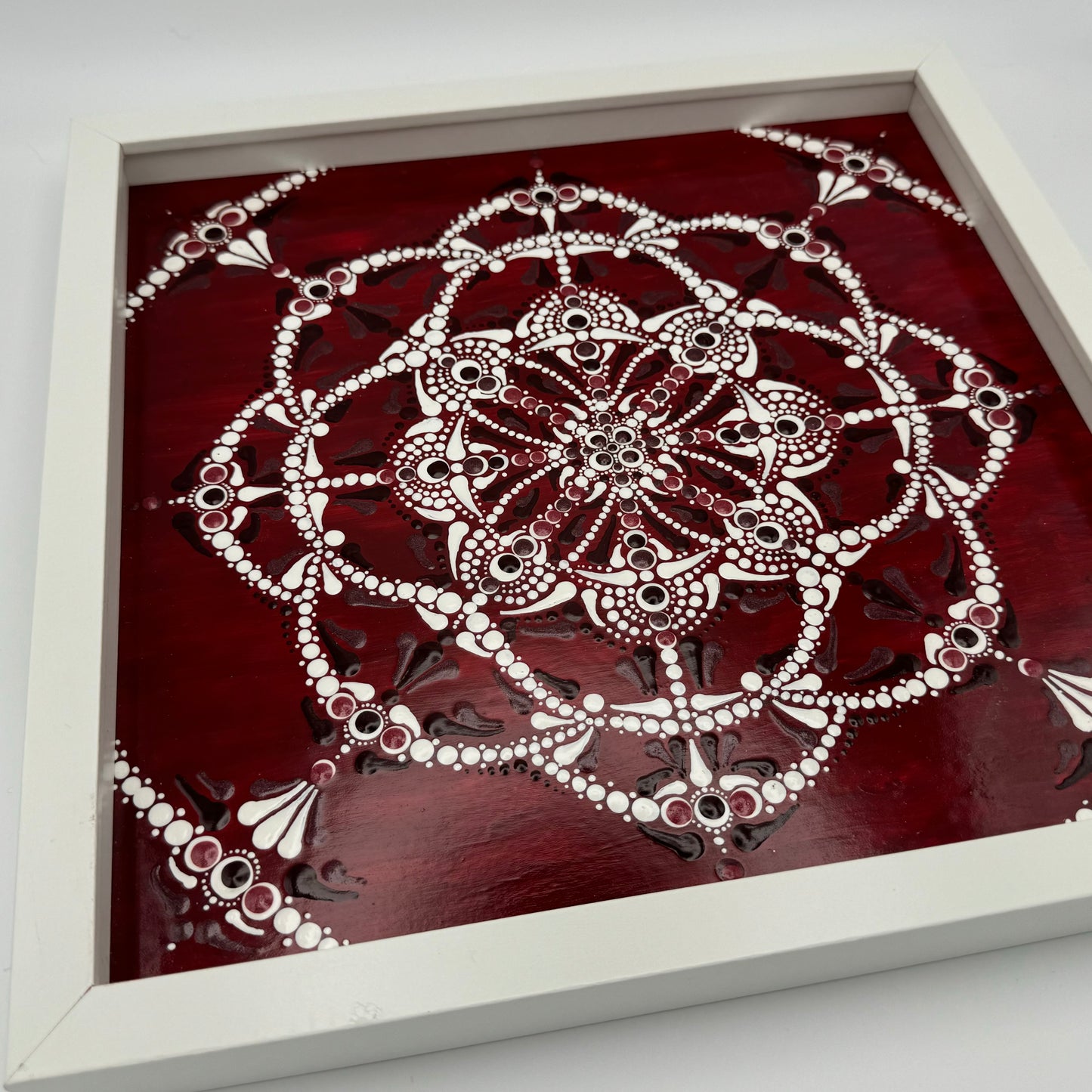 Ornate Open-Frame Deep Wine Red & White Mandala with Black Iridescent Accents