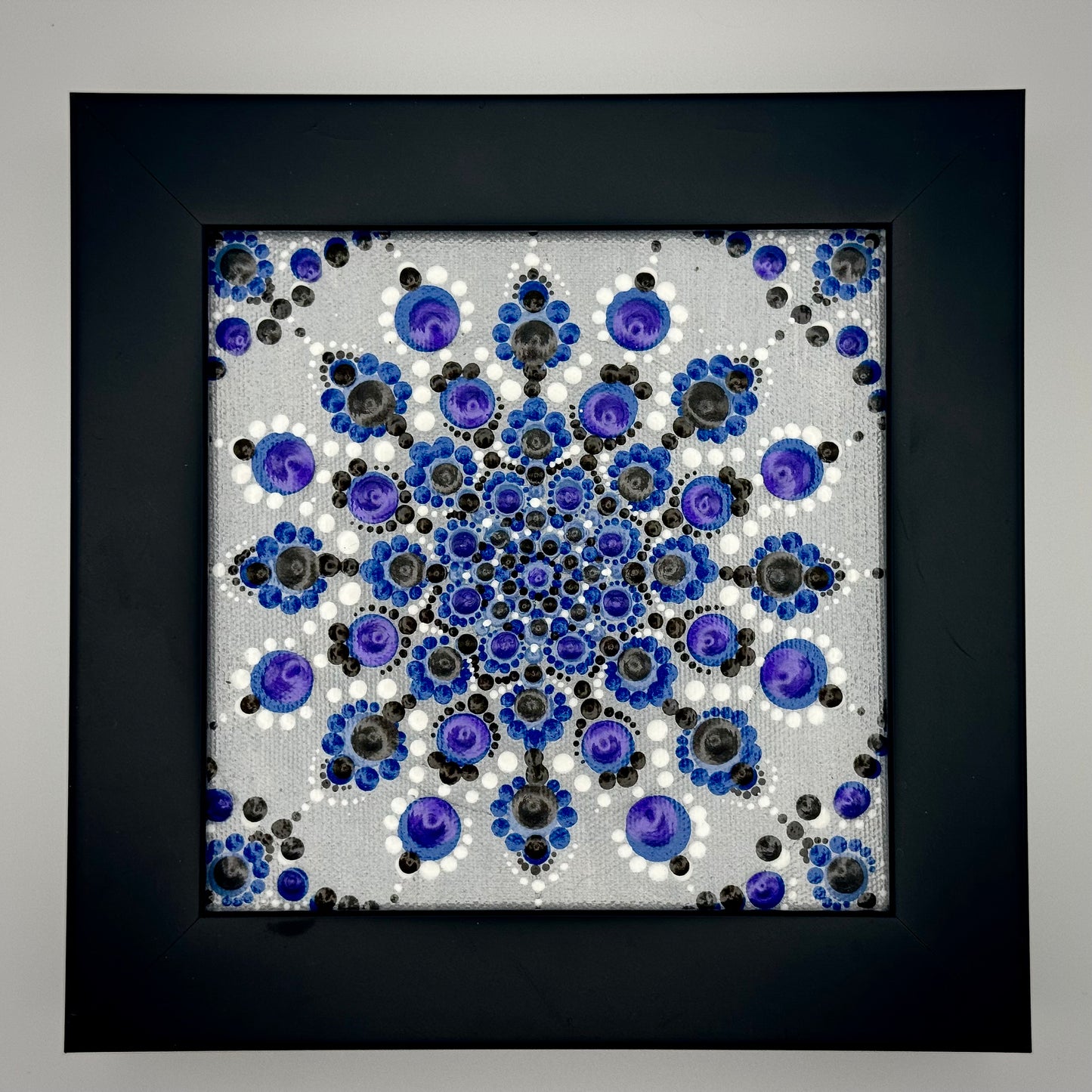 Silver and Blue Framed Mandala Dot Painting