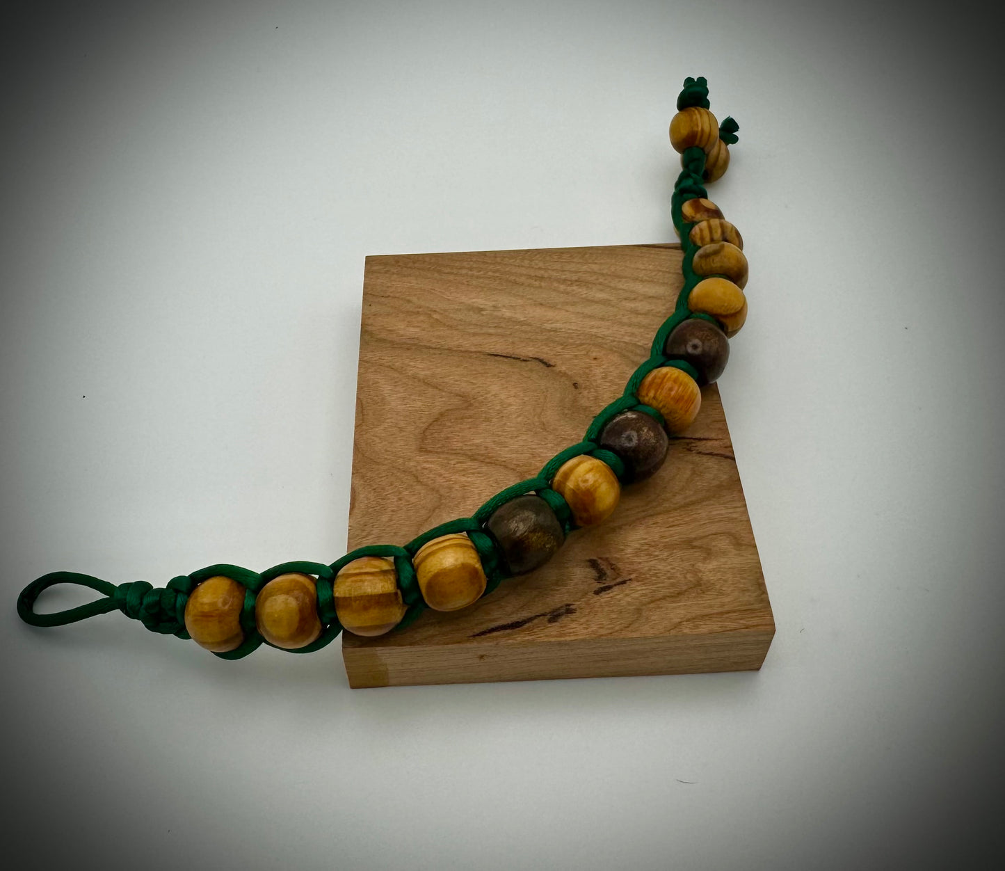 Wooden Stained Beads Bracelet with Green Silk Macrame Design