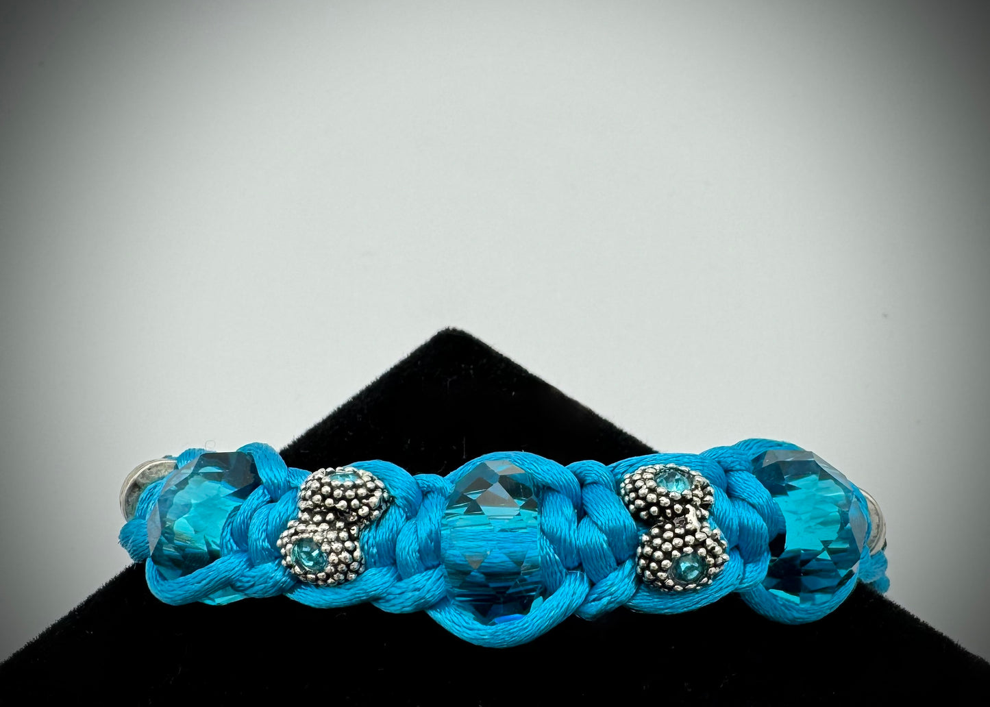 Teal and Silver Filagree; Silk Macrame Bracelet