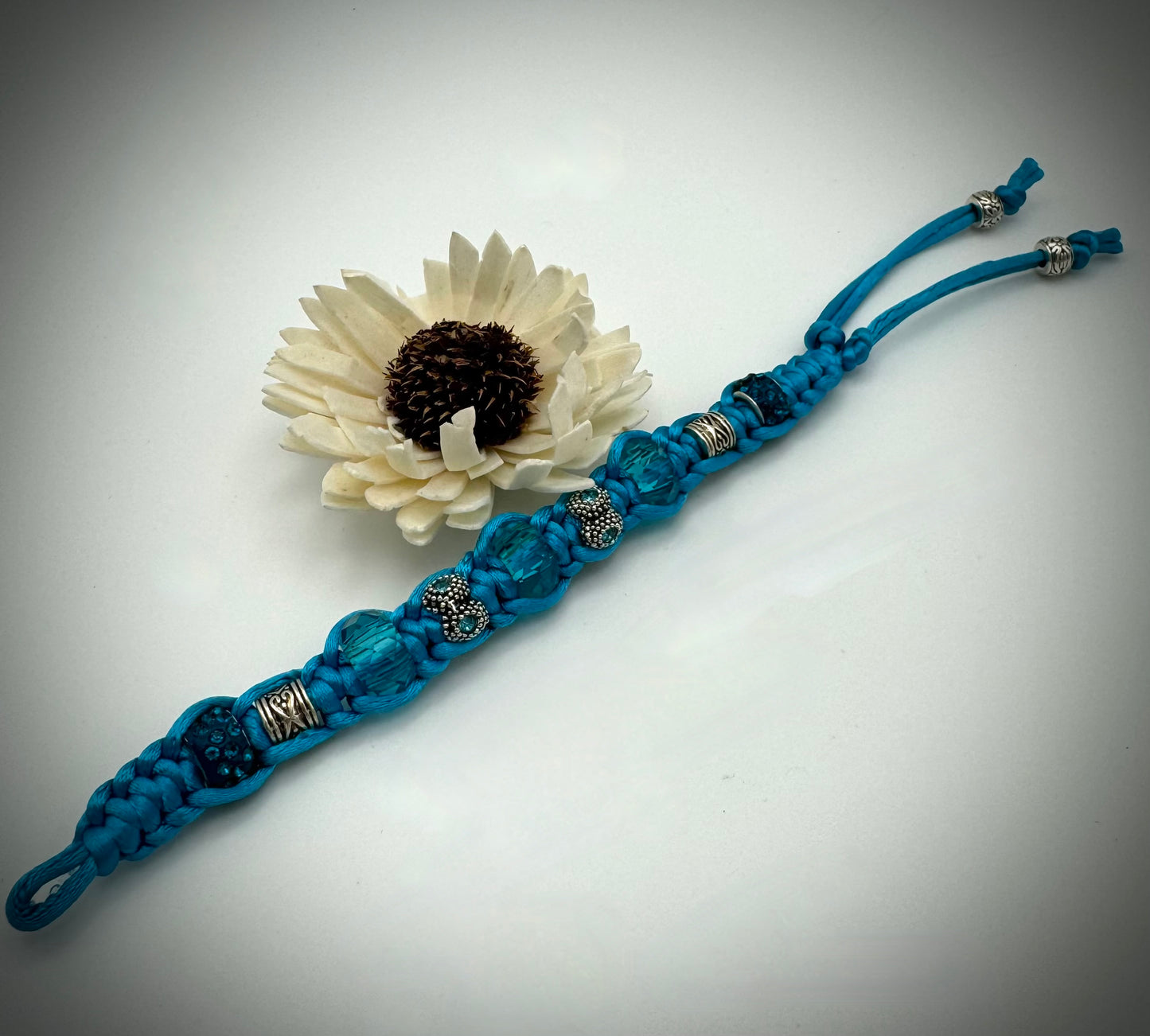 Teal and Silver Filagree; Silk Macrame Bracelet