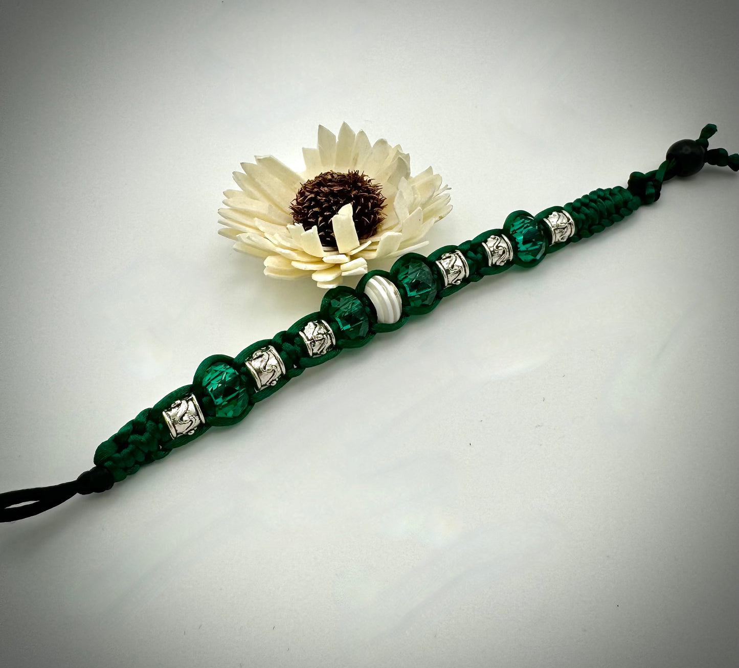 Green and Silver Beadwork; Silk Macrame Bracelet