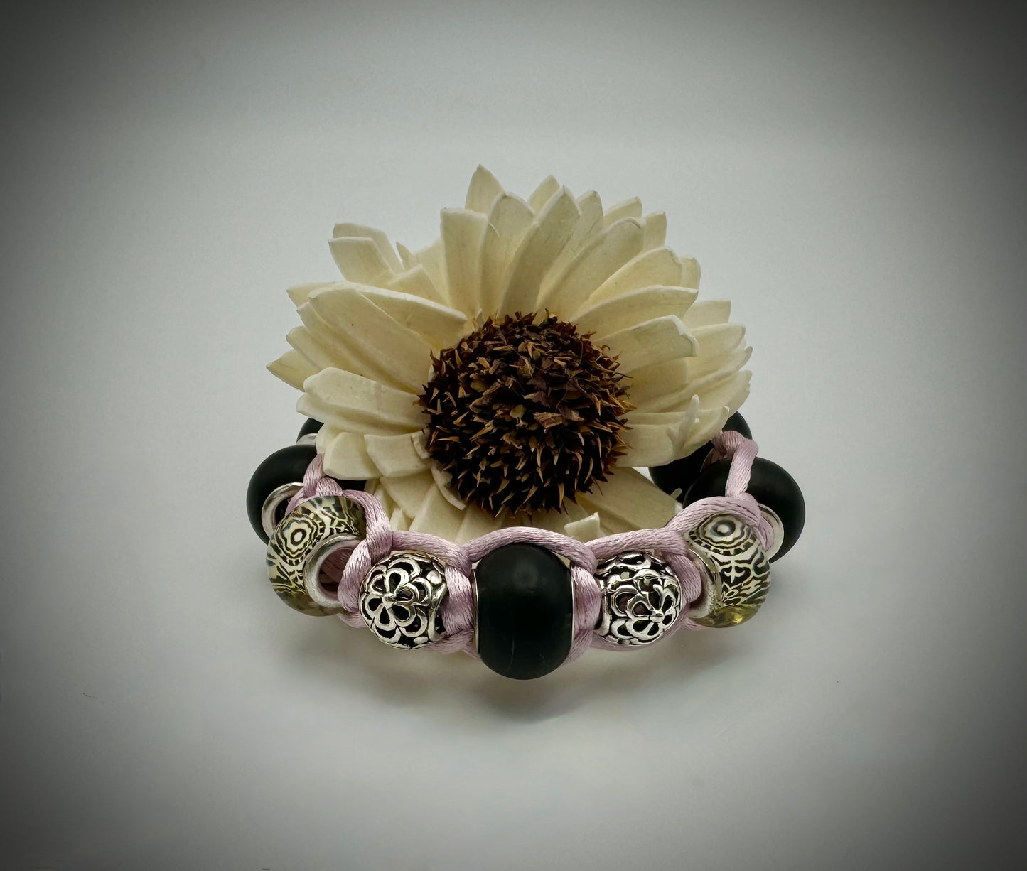 Pale Purple, Black, and Silver Silk Macrame Bracelet