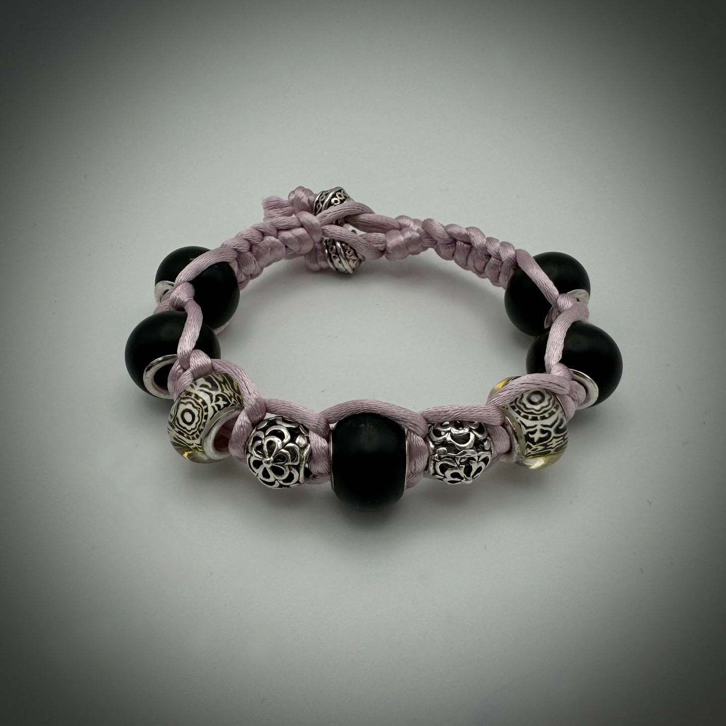 Pale Purple, Black, and Silver Silk Macrame Bracelet
