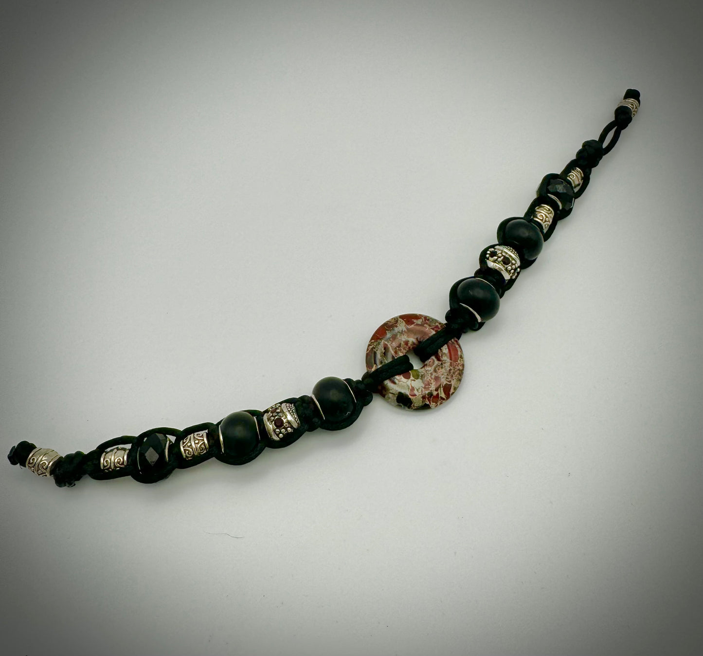 Brecciated Jasper Stone and Silver Filagree; Silk Macrame Bracelet