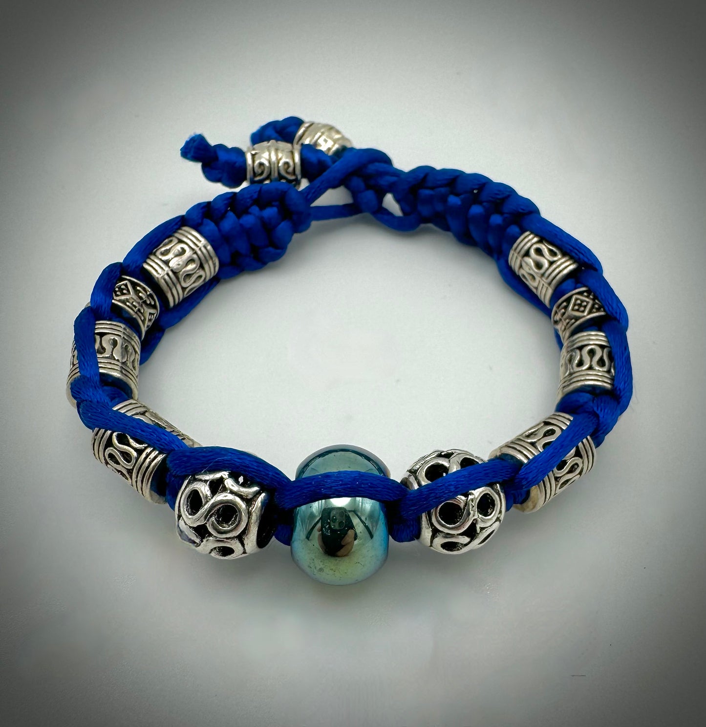 Royal Blue and Silver Silk Macrame Bracelet