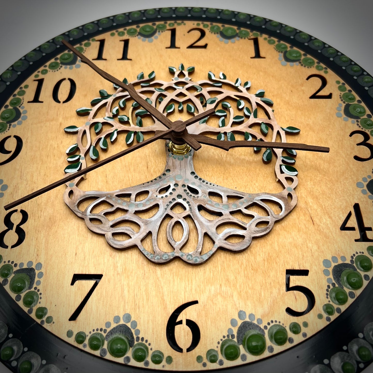 Album Record Vinyl Clocks; Green Tree of Life with Stained Wood Number Inlay