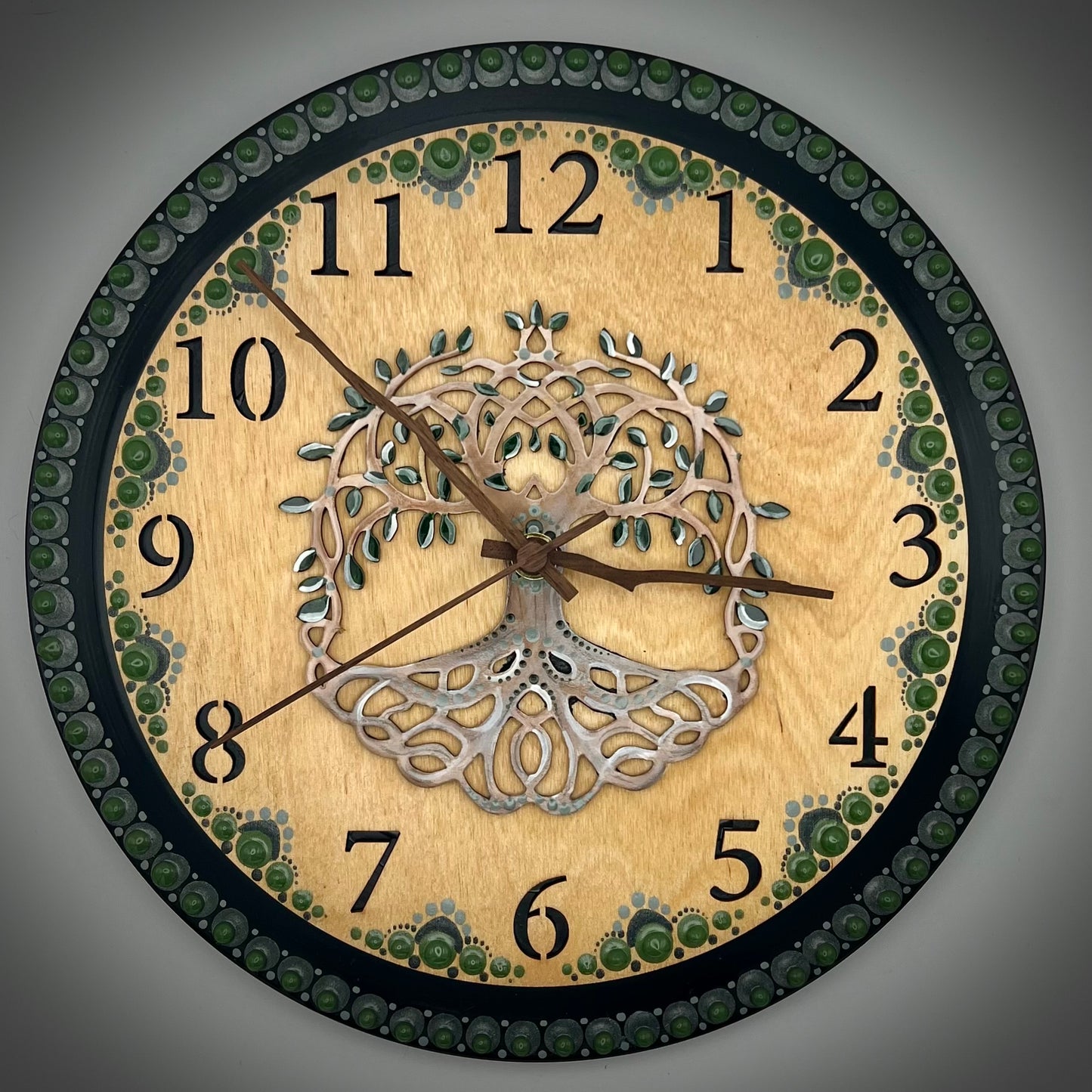 Album Record Vinyl Clocks; Green Tree of Life with Stained Wood Number Inlay
