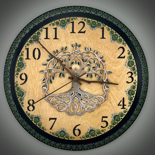 Album Record Vinyl Clocks; Green Tree of Life with Stained Wood Number Inlay