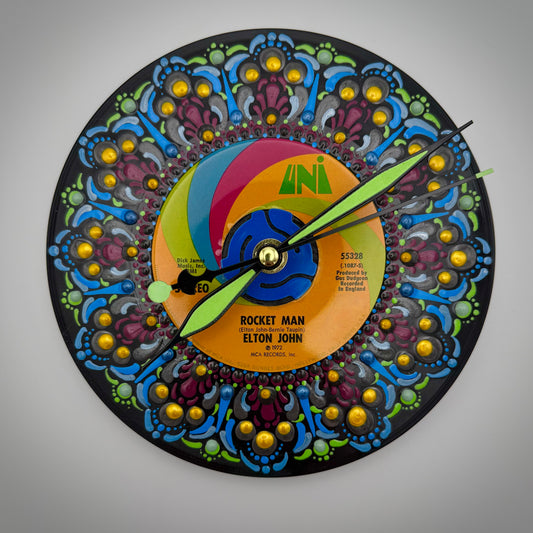 Elton John "Rocket Man" Hand-Painted Vintage 45 Record Clock, Glow in the Dark Hands