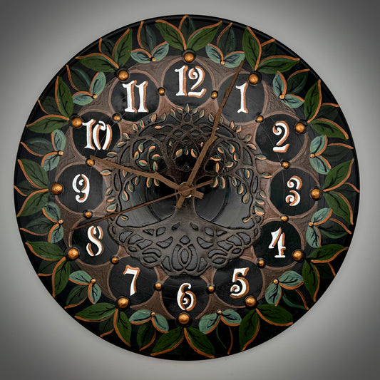 Intricate Vinyl Record Clock; Tree of Life with  Wood Number Inlay & Painted Leave Design