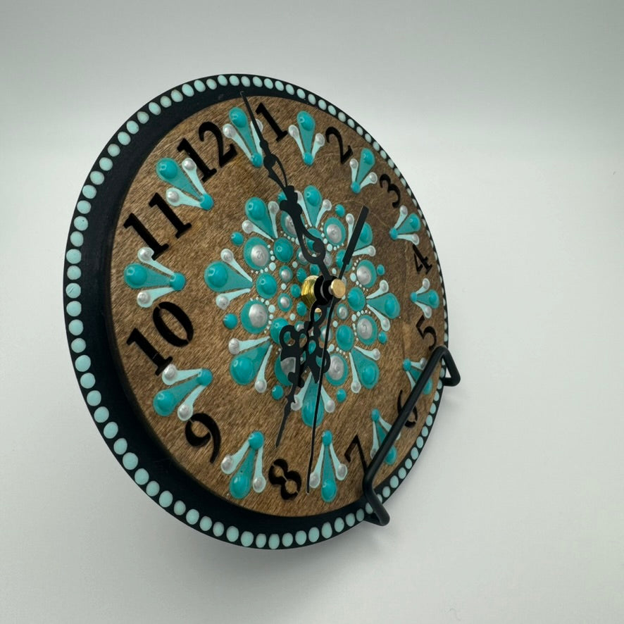 Art Clock on 45 Vinyl Record, Teal and Turquoise Mandala with Wood Inlay